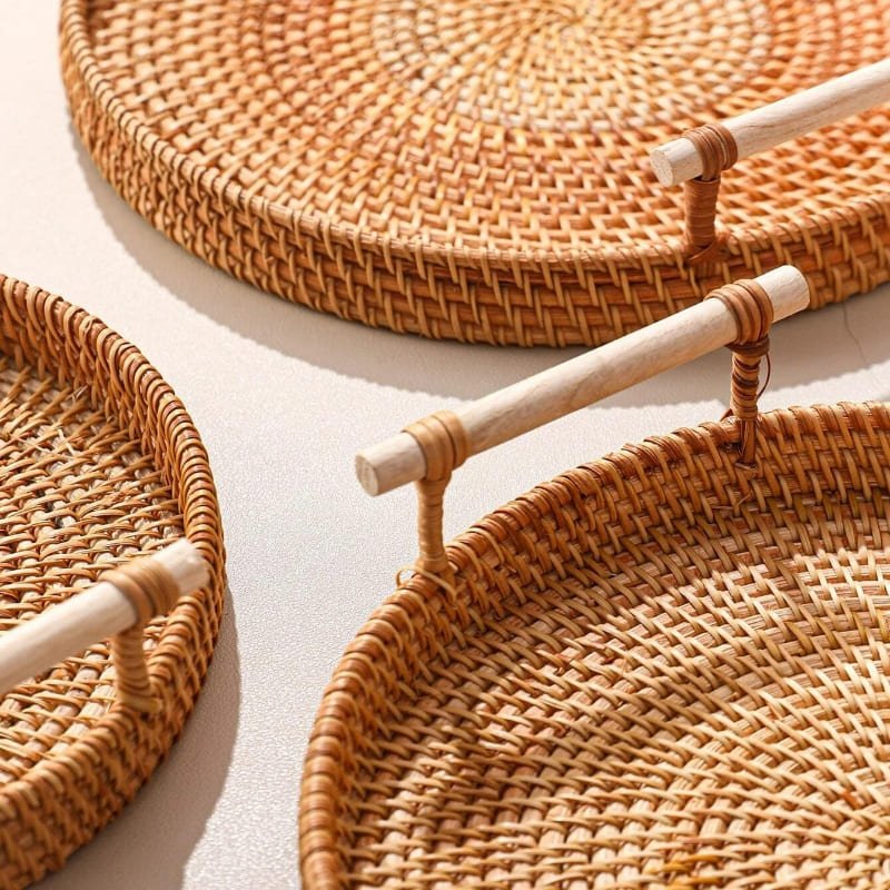 Bandeja Decorativa Redonda de Vime em Rattan Feita a Mão 3