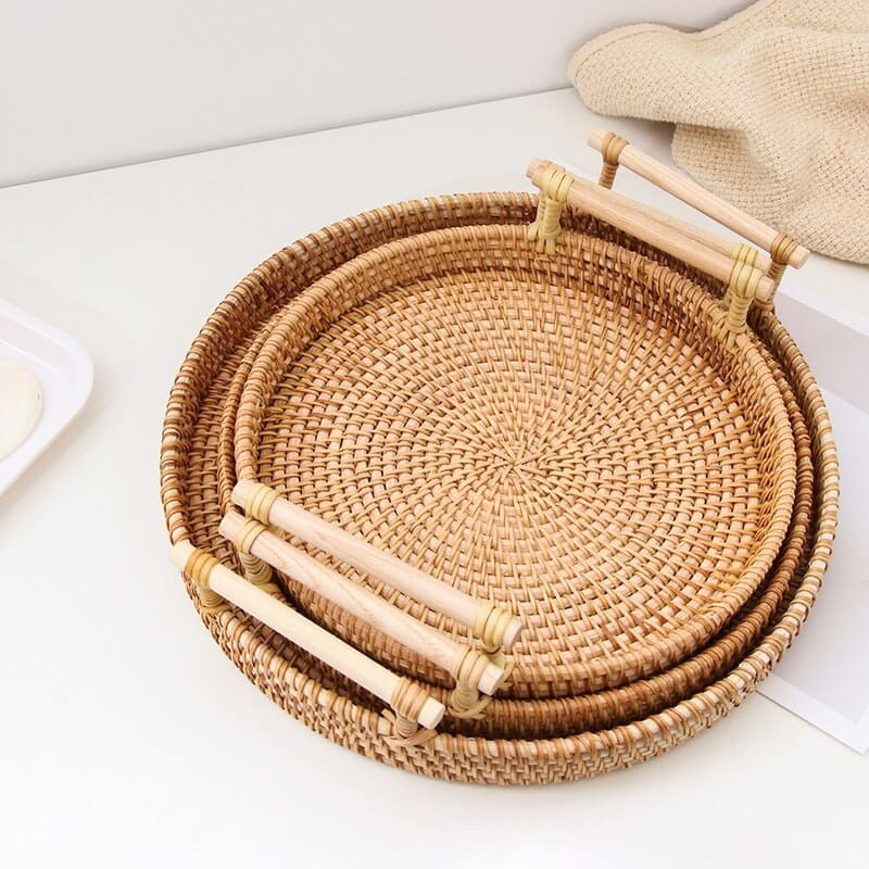 Bandeja Decorativa Redonda de Vime em Rattan Feita a Mão 10