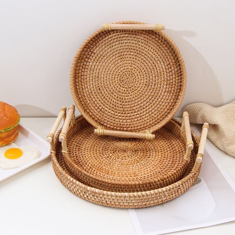 Bandeja Decorativa Redonda de Vime em Rattan Feita a Mão 11