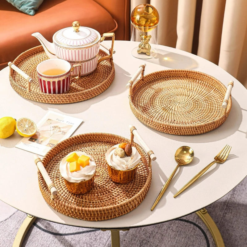Bandeja Decorativa Redonda de Vime em Rattan Feita a Mão 4
