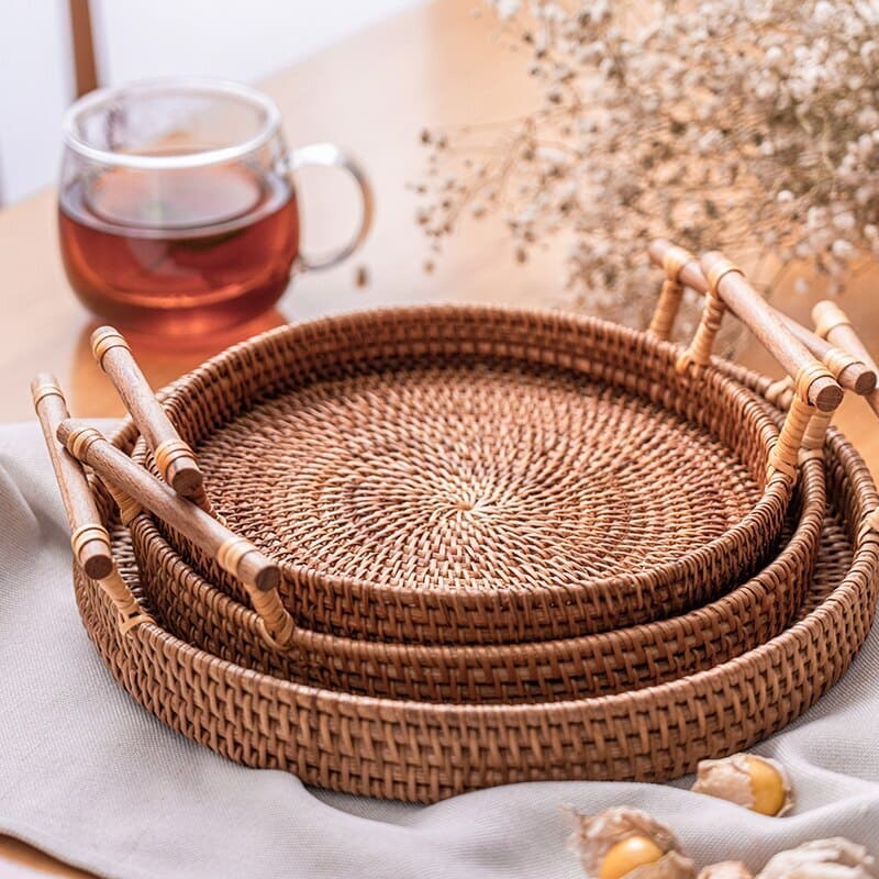 Bandeja Decorativa Redonda de Vime em Rattan Feita a Mão 1