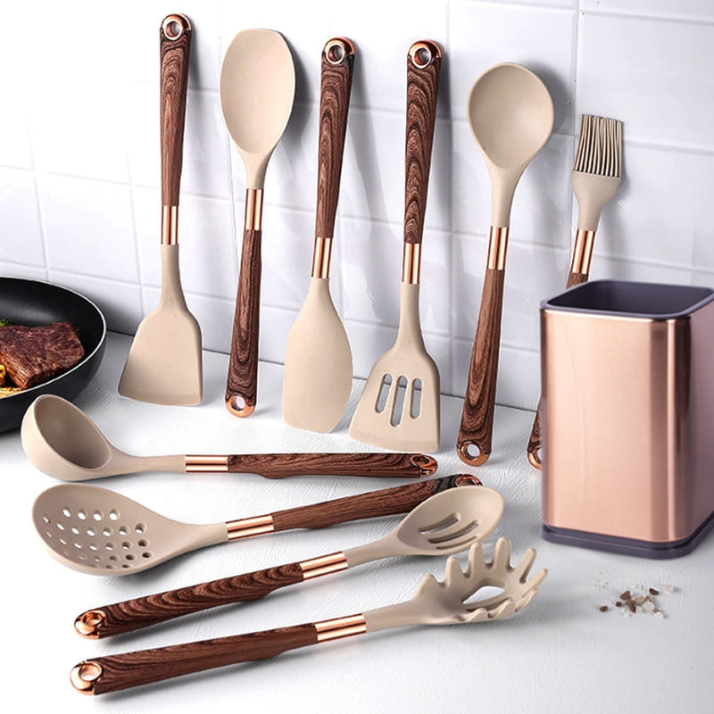 Kit Utensílios de Cozinha Silicone 10 Peças Com Organizador Rosé Polihousi 3