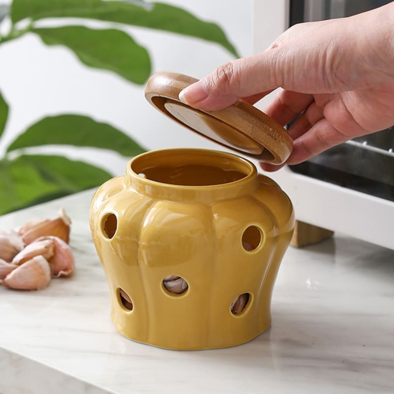 Pote de Cerâmica com Tampa de Madeira Decorativo Polihousi 16