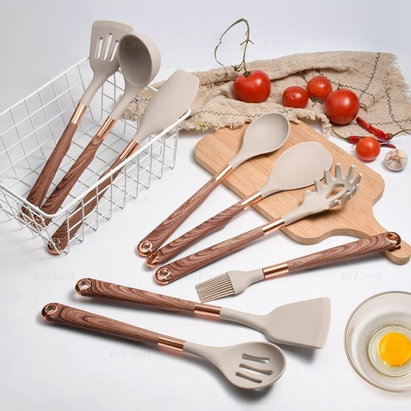 Kit Utensílios de Cozinha Silicone 10 Peças Com Organizador Rosé Polihousi 13