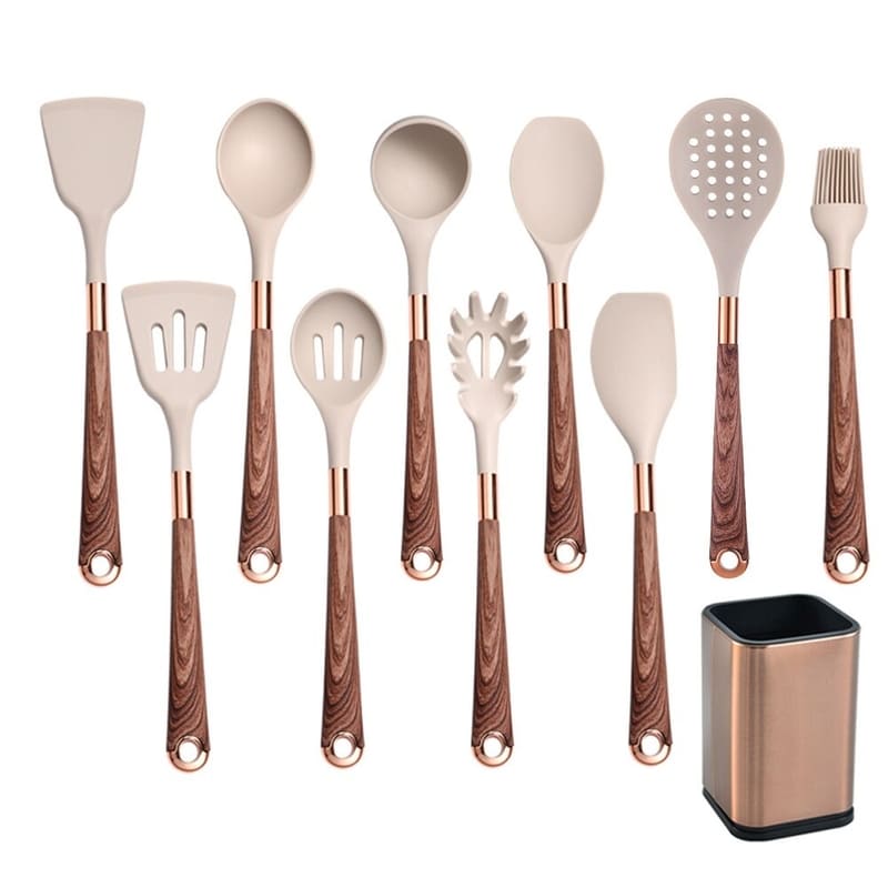 Kit Utensílios de Cozinha Silicone 10 Peças Com Organizador Rosé Polihousi 14