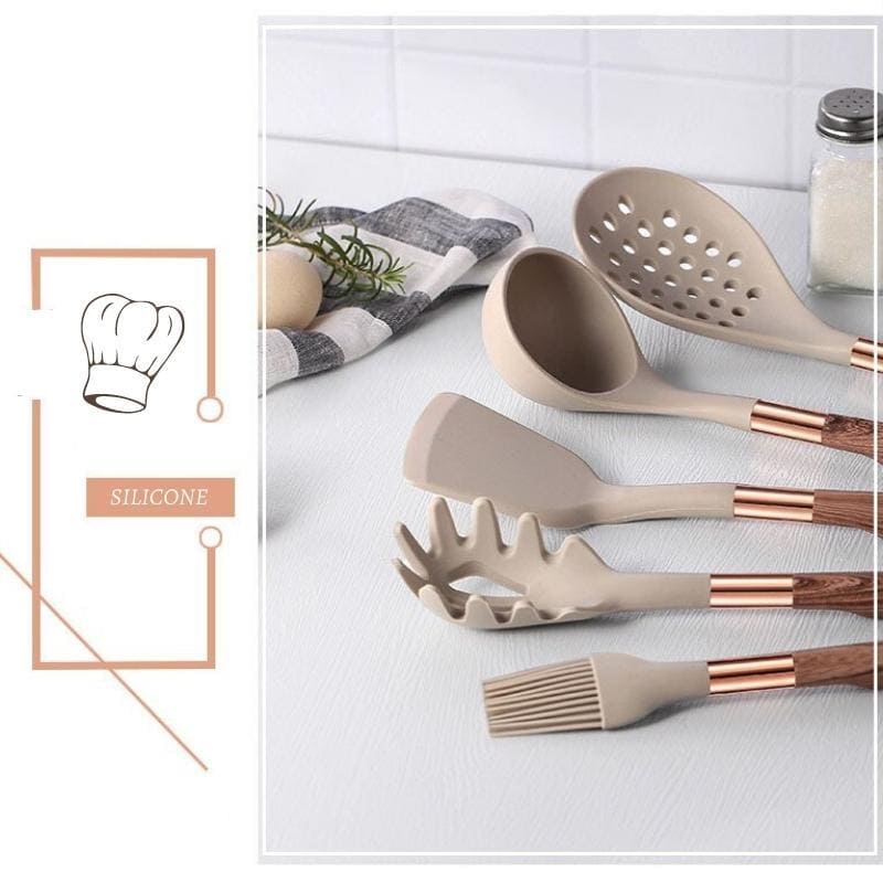 Kit Utensílios de Cozinha Silicone 10 Peças Com Organizador Rosé Polihousi 10