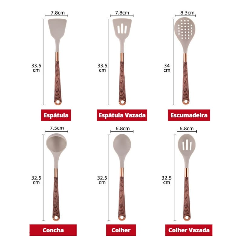 Kit Utensílios de Cozinha Silicone 10 Peças Com Organizador Rosé Polihousi 15