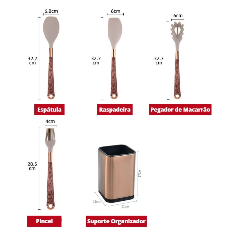 Kit Utensílios de Cozinha Silicone 10 Peças Com Organizador Rosé Polihousi 16