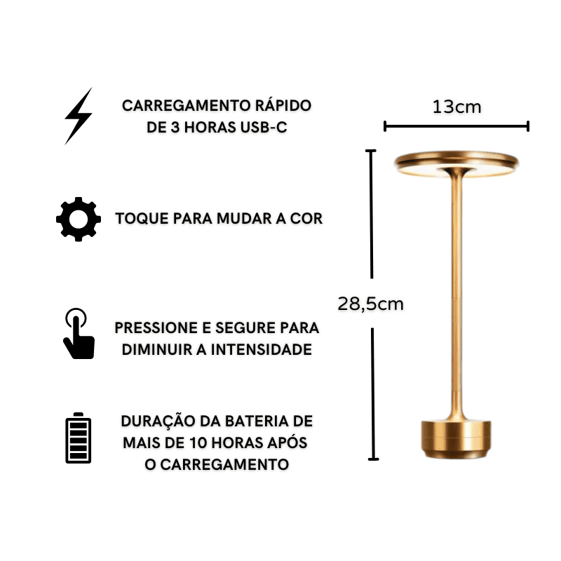 Luminária de Mesa LED Sem Fio Metal Recarregável Polihousi 12